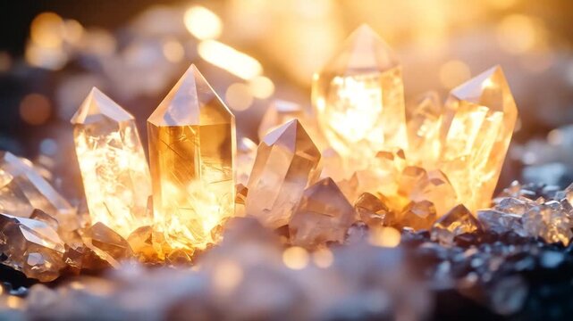 A cluster of illuminated crystals, radiating a warm, golden glow, with blurred background details