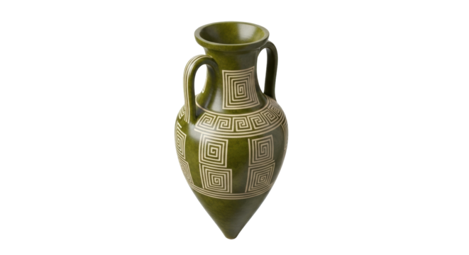 Isolated ancient Greek amphora featuring meander pattern for olive oil or wine with handles