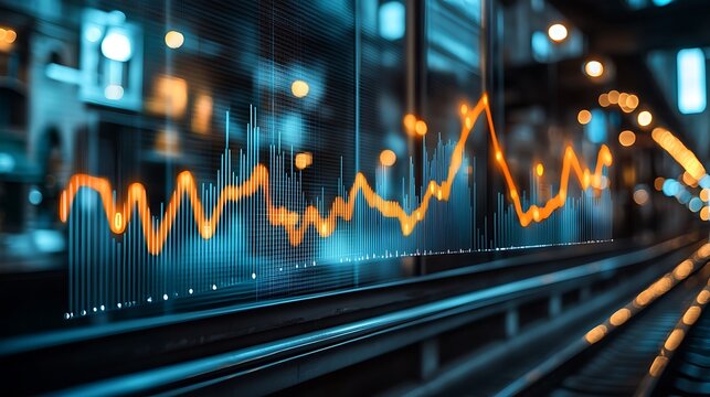 Digital financial data graph with glowing orange line and blue bars, illustrating market trends and economic growth against a blurred urban background.
