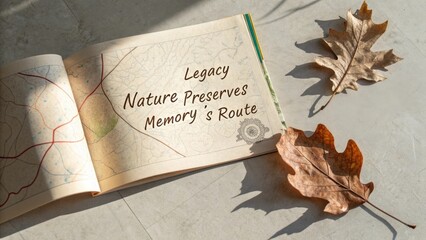 Legacy of Nature Preserves Memories with Route Map and Autumn Leaves on Bright Surface