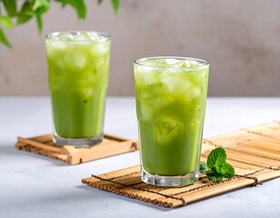 Two tall glasses with a vivid green drink and ice cubes
