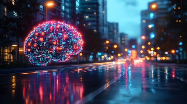 Glowing Digital Brain with Binary Code and Circuits in Futuristic City Street. Artificial Intelligence and Technology Concept.