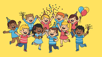 Joyful group of diverse children celebrating a party with confetti, balloons, and hats. Happy kids having fun.