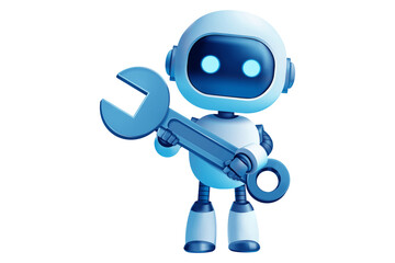 Cute 3D robot character holding a large blue wrench, ready for repair and maintenance work, friendly and helpful cartoon illustration isolated on transparent background, png
