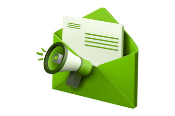 3D Green Envelope and Megaphone for Email Marketing Announcement, Promotional Newsletter Notification Icon, Isolated on Transparent Background, PNG
