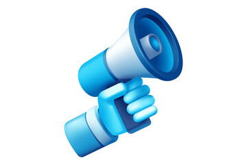 Blue 3D megaphone in hand making a loud marketing announcement, attention-grabbing modern digital cartoon illustration, isolated on transparent background, png.