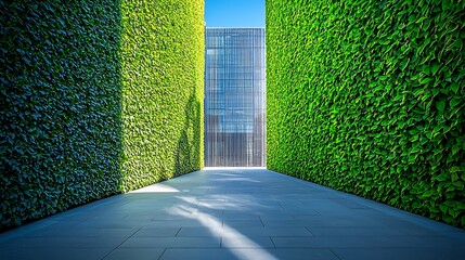 Modern outdoor pathway flanked by lush green living walls, leading to a contemporary building under a blue sky, showcasing sustainable urban architecture.
