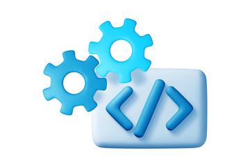 Blue 3D code brackets and interlocking gears icon representing software development and technical engineering processes, modern clean digital cartoon illustration, isolated on transparent background