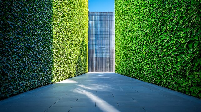 Modern outdoor pathway flanked by lush green living walls, leading to a contemporary building under a blue sky, showcasing sustainable urban architecture.