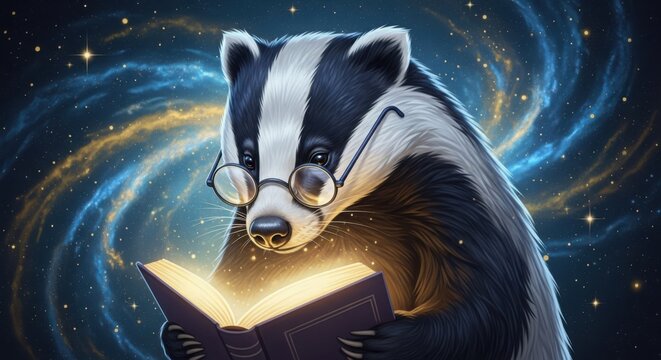 Wise badger reads glowing book amidst cosmic wonders - Powered by Adobe