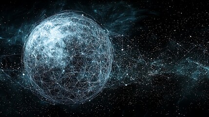 Obraz premium Global data network sphere with glowing connections against a starry dark space background, illustrating technology, AI, and digital world connectivity.