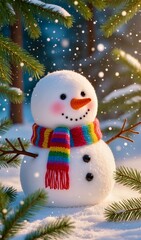Cute snowman with a colorful scarf and carrot nose in a festive winter sceane. 