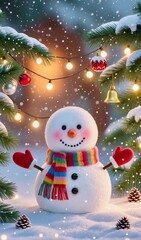 Cute snowman with a colorful scarf and carrot nose in a festive winter sceane. 