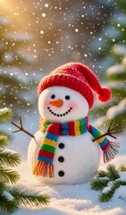 Cute snowman with a colorful scarf and carrot nose in a festive winter sceane. 