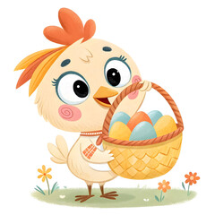 cute chicken cartoon character holding a basket of