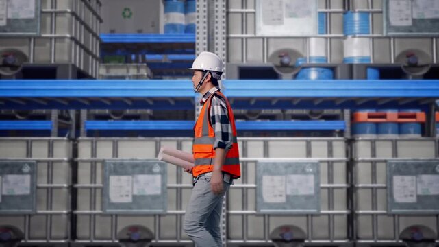 Side View of Asian Male Engineer Holding Blueprint While Walking at Warehouse Aisle with Chemical or Oil Barrels on Pallet Racking