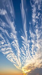 Vertical shot of streaky cirrus clouds against a bright blue sky