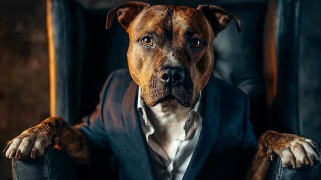 Expressive video presents a strong pitbull dressed in a suit combining power confidence and playful sophistication in a surreal character driven scene full of energy charm and visual impact