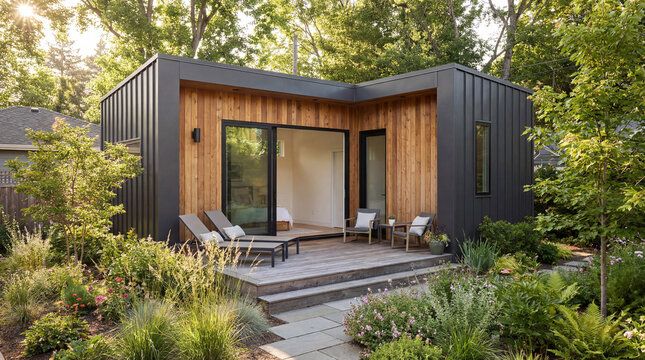 Modern Backyard ADU Tiny House with Black Metal and Wood Siding. Luxury Eco-friendly Modular Garden Office Pod and Guest Studio. Sustainable Small Living Exterior with Deck and Lush Landscaping - Powered by Adobe