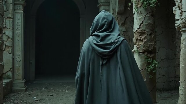 Mysterious hooded figure silently walks past the ancient altar ruins in a Dan religious site, captured in stunning 4K video footage