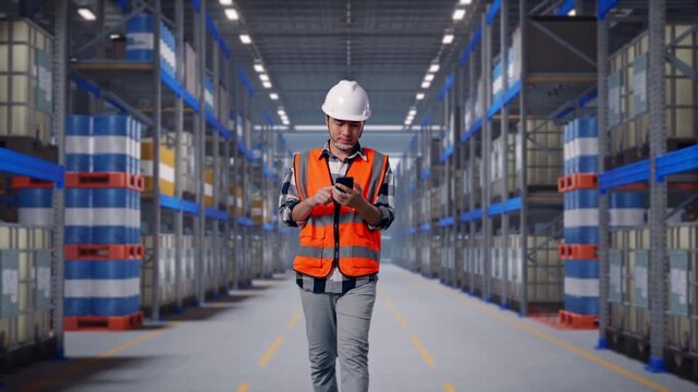 Front View of Asian Male Engineer Use Smartphone While Walking at Warehouse Aisle with Chemical or Oil Barrels on Pallet Racking
