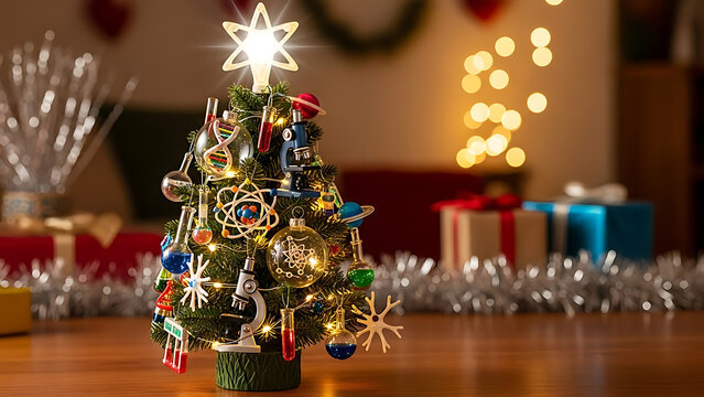 A small Christmas tree decorated with science-themed ornaments such as microscopes, DNA models, atoms, test tubes, and beakers, glowing with festive lights. Perfect for educational, scientific, and ho