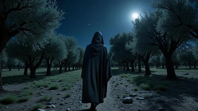 Mysterious Figure Walks Through Olive Grove at Night near Bethany, a Religious Journey in 4K Video Footage, Evoking Spirituality and Tranquility