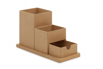 Empty beige wooden desk organizer with multi-level compartments for office storage needs