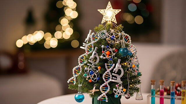Creative Christmas tree with unique science decorations, including lab equipment and molecular structures, set in a cozy festive environment. Ideal for STEM, school, and holiday celebration designs. - Powered by Adobe