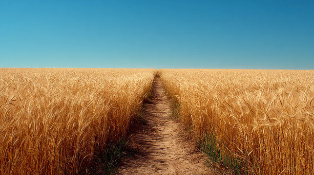Wheat field path under clear blue sky in rural landscape
