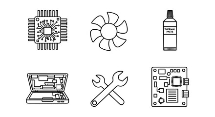 Essential computer maintenance tools outline: circuit boards, fans, and more