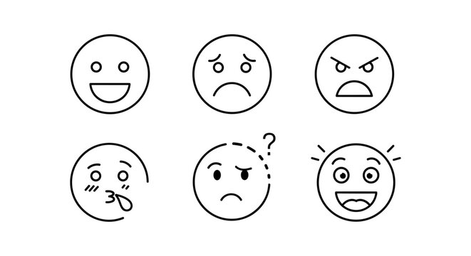 Simple linear emoji faces pack: happy, sad, angry, blushing, confused