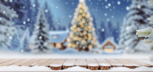 wooden table with a Christmas tree in the background