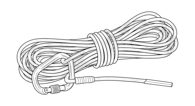 Climbing rope with carabiner in detailed line art style for outdoor adventure enthusiasts