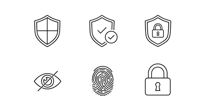 Simple line icons of cybersecurity elements featuring shields and locks