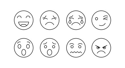 Collection of circular emoji faces displaying various emotional expressions in linear style