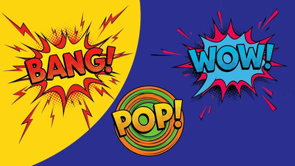Dynamic comic book style effects with onomatopoeia words BANG, WOW, and POP for vibrant posters and eye-catching social media, originally created as scalable vector art