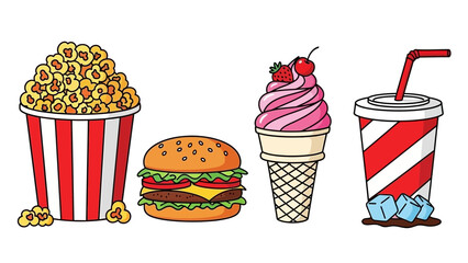 Delicious cartoon snack combo featuring popcorn, burger, ice cream and soda, perfect for illustrating fun times, celebrations, or a classic treat day
