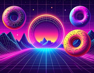 Surreal, vibrant retro scene with glowing neon donuts and a futuristic grid backdrop
