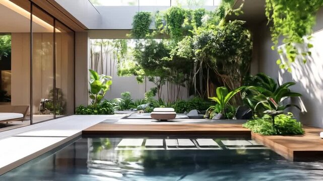 Modern indoor/outdoor living area with pool, tropical plants, hanging vines, and an open ceiling