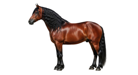 Isolated dark bay horse standing at attention in studio, perfect conformation and physique