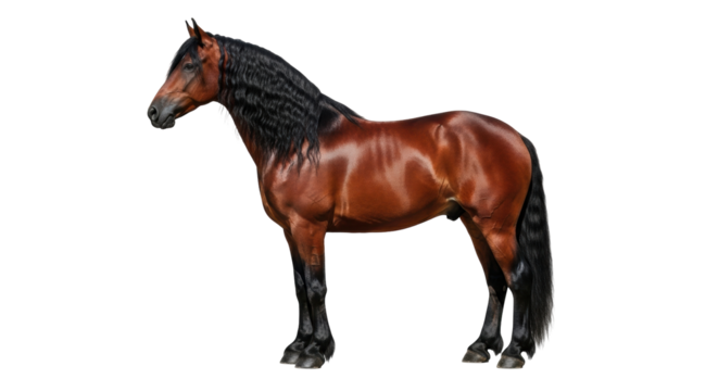 Isolated dark bay horse standing at attention in studio, perfect conformation and physique