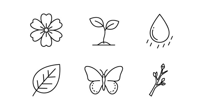 Minimalist nature icons set: flower, leaf, seedling, butterfly, water drop, branch