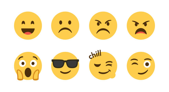 Bright emoji set: expressive faces with different emotions and moods