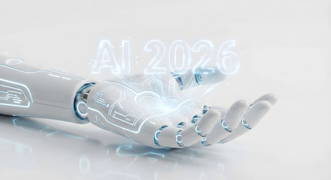 A futuristic robotic hand displaying a glowing holographic text “AI 2026” with neon circuitry accents.