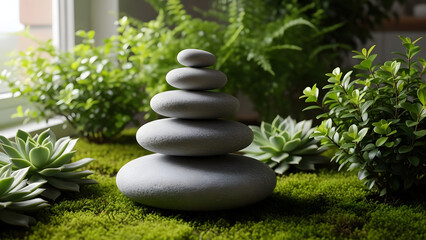  A small stack of perfectly balanced, smooth grey stones (cairn) in a naturally lit indoor garden setting Holistic therapy