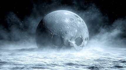 Detailed celestial moon with visible craters resting on a vast frozen landscape covered in mist under a dark starry space sky.