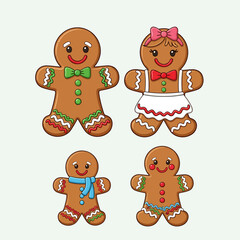 A delightful cartoon illustration of a decorated gingerbread cookie family, perfect for Christmas holiday baking and festive designs
