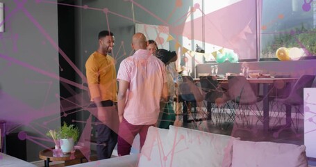 Woman pointing, group walking onto raised platform to view decor, pink overlay showing party decor
