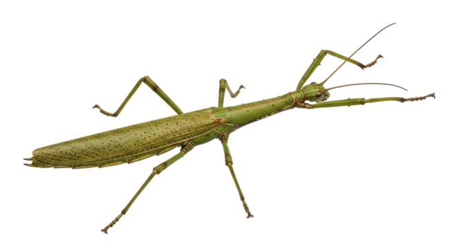 Isolated Stick Insect, a large green phasmid, facing right, with long legs and antennae